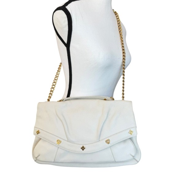 MCM Handbags - MCM White Pebbled Leather Flap Bag Gold Chain Shoulder Purse Kiss Lock
